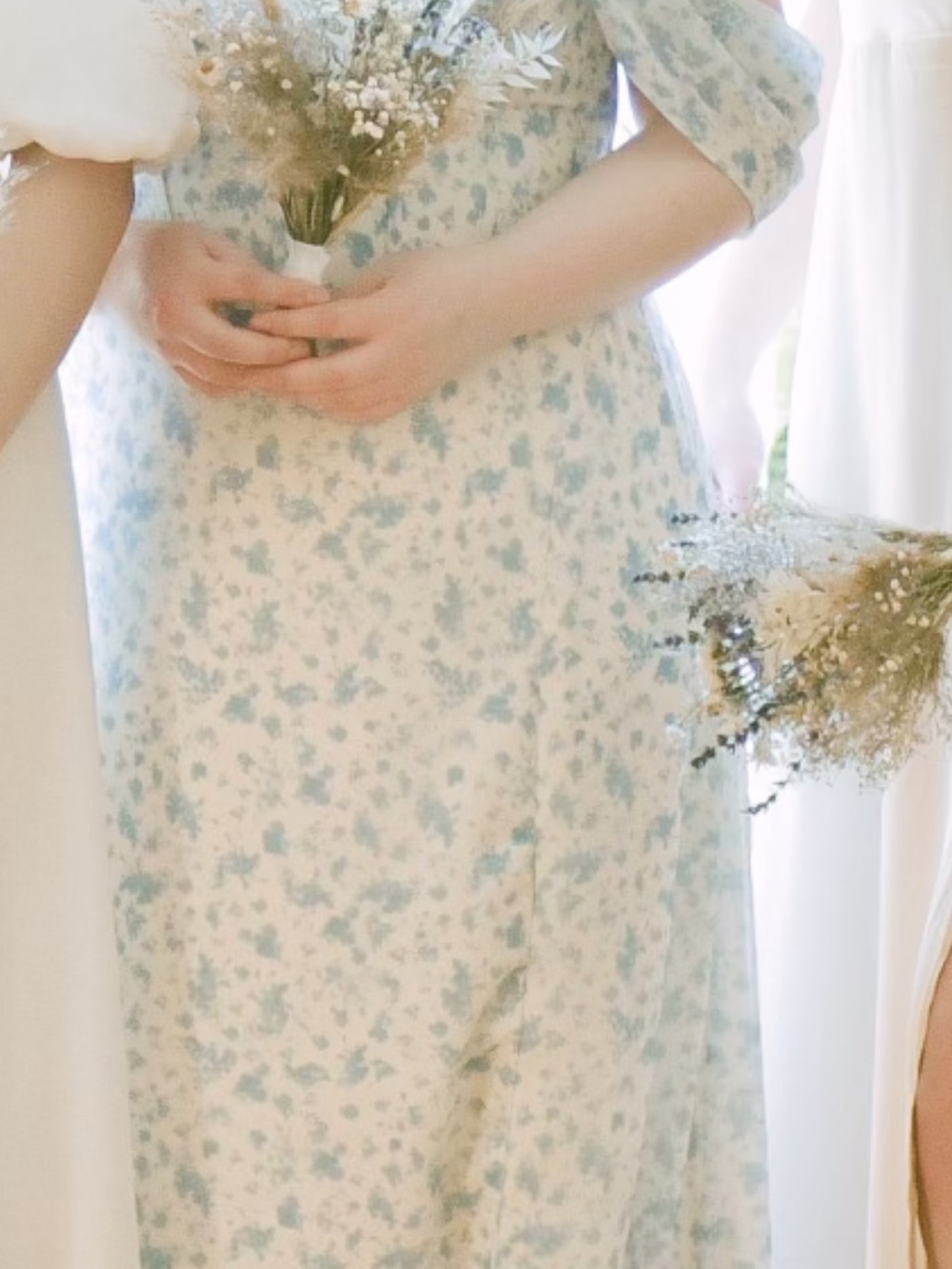 Azazie Cream Maxi Dress with Light Blue Floral Print